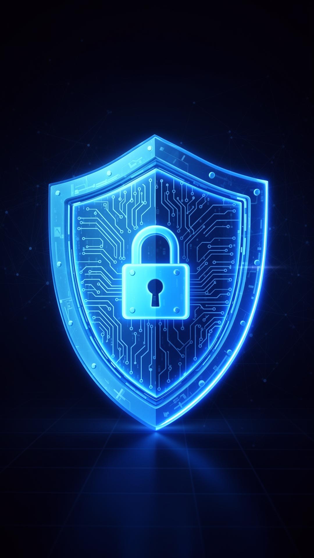 Visualização abstrata de cybersegurança com escudo digital e circuitos
