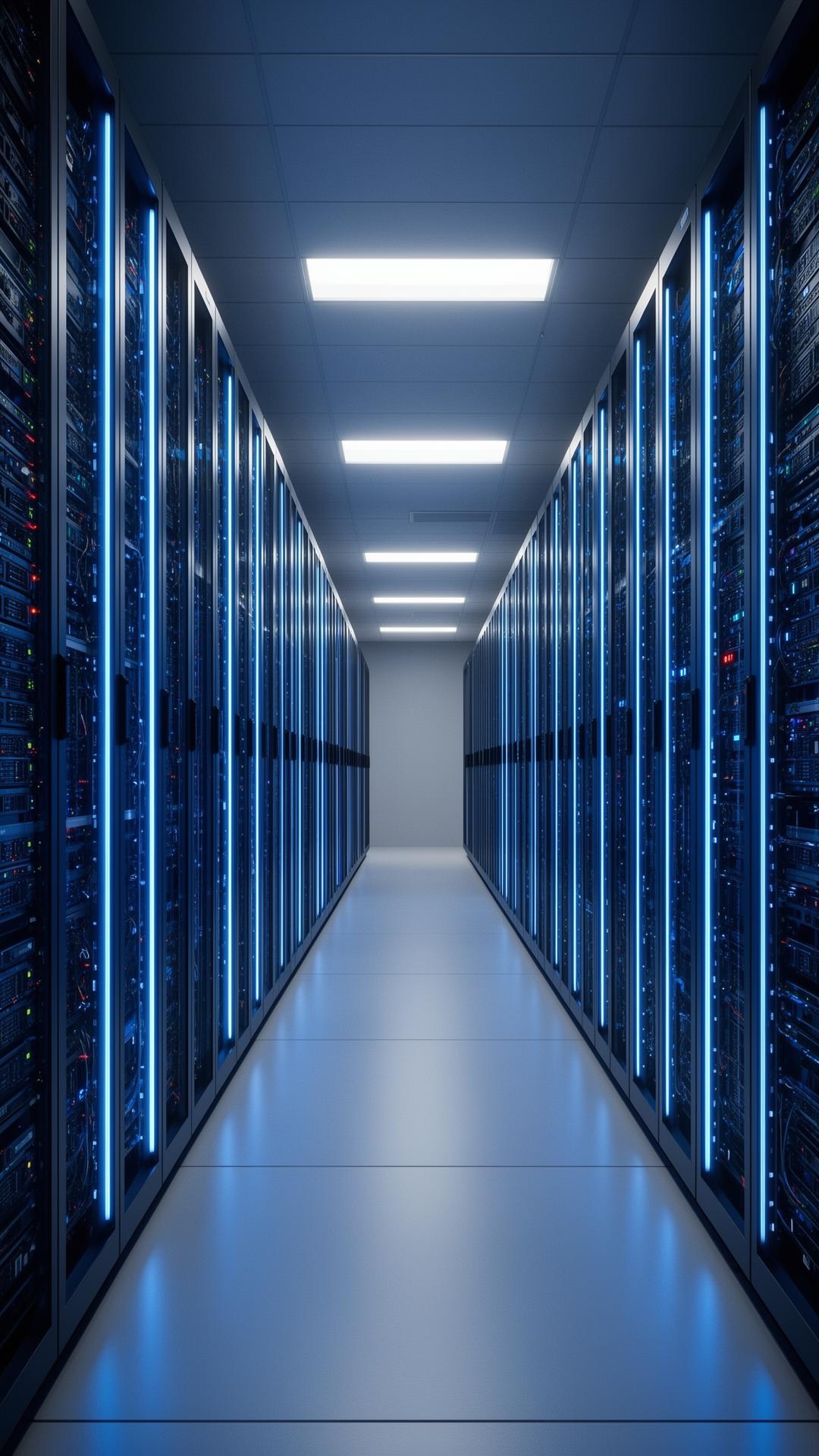 Corredor de data center com racks de servidores iluminados em azul