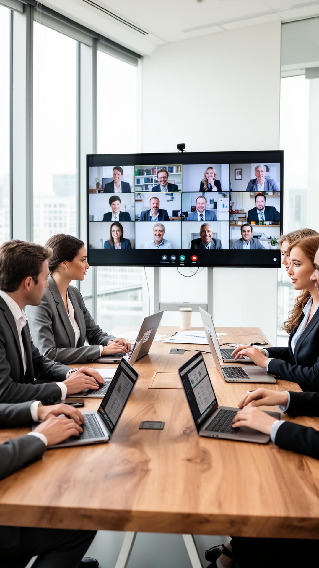 Equipe corporativa em reunião híbrida usando Microsoft Teams