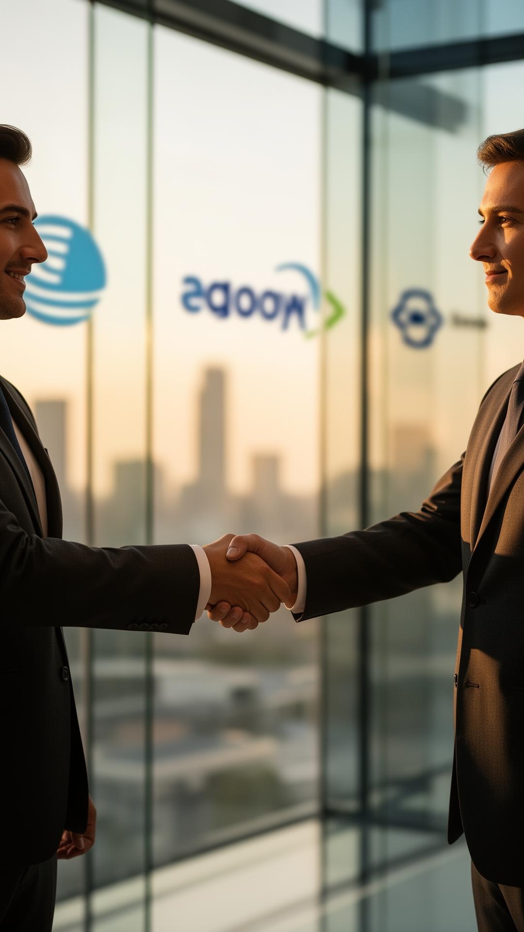 Aperto de mãos entre executivos representando parceria tecnológica