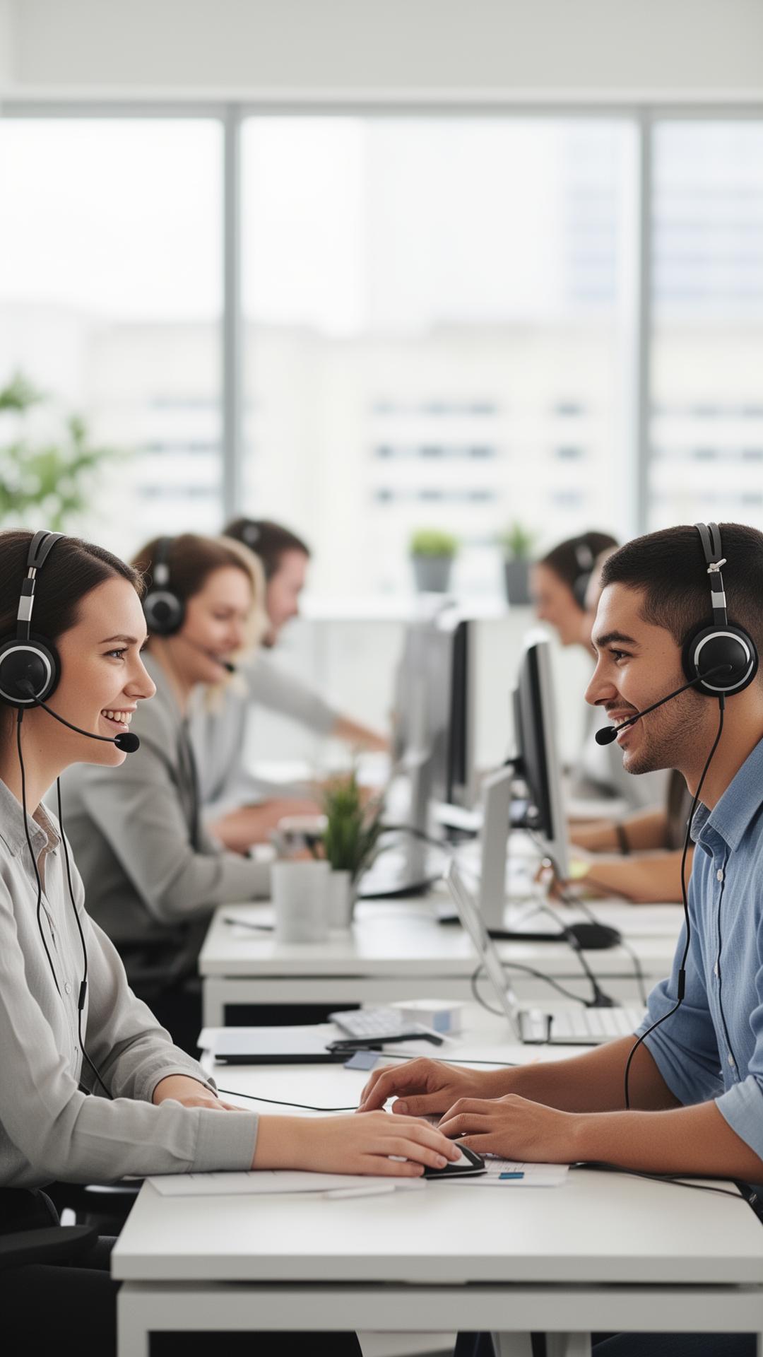 Equipe de Service Desk atendendo usuários com headsets em escritório moderno